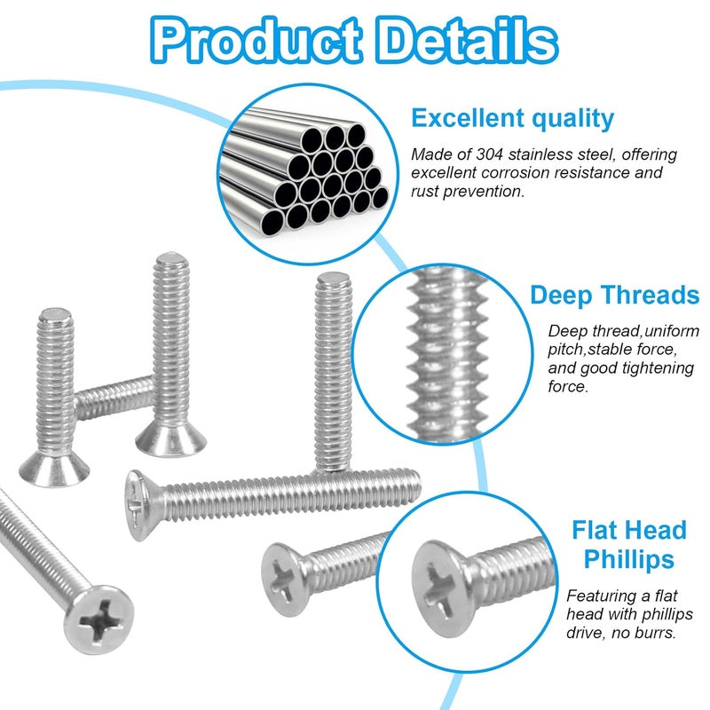 Yinpecly 100 PCS Machine Screws, #6-32#8-32 Phillips Flat Head Electricians Screw Kit 304 Stainless Steel Outlet Screws for Wall Plate Switch, Receptacles Mounting Screws - Image 5